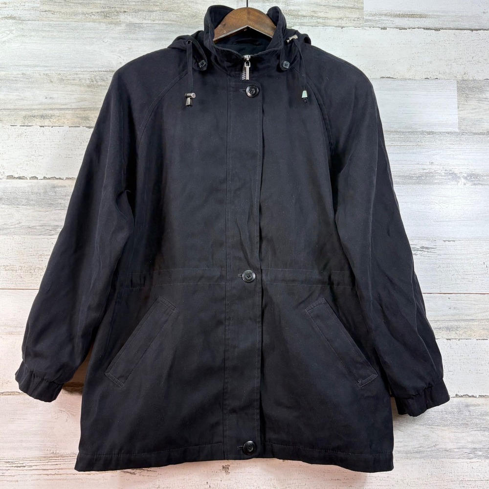 London Fog Womens Black Hooded Parka‎ Jacket Petite Medium Zip Button Front